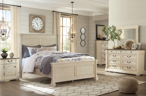 Ashley Bolanburg - Antique White / Brown - 7 Pc. - Dresser, Mirror, King Louvered Bed, 2 Nightstands