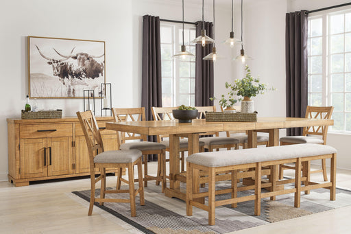 Ashley Havonplane - Brown - 9 Pc. - Counter Extension Table, 6 Upholstered Barstools, Bench, Server