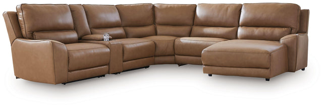 Ashley DeepWakes - 6-Piece Power Reclining Sectional With RAF Press Back Power Chaise And Storage Console - Caramel