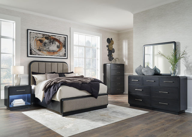 Ashley Rowanbeck - Gray / Black - 7 Pc. - Dresser, Mirror, Chest, Queen Upholstered Panel Bed, 2 Nightstands