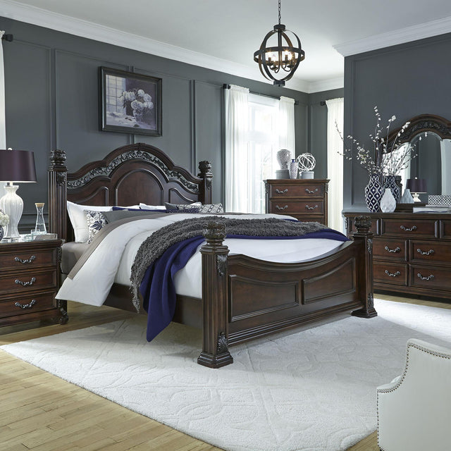 Liberty Furniture Messina Estates - 4 Piece Bedroom Set (Queen Poster Bed, Dresser & Mirror, Nightstand) - Dark Brown