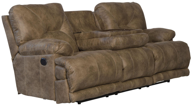 Catnapper Voyager - Power Lay Flat Reclining Sofa With 3 Recliners and Drop Down Table - Brandy - Fabric