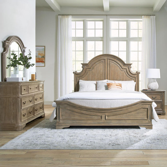 Liberty Furniture Magnolia Manor - King Panel Bed, Dresser & Mirror, Night Stand - Weathered Bisque