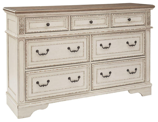 Ashley Realyn - White / Brown / Beige - California King Upholstered Bed - 8 Pc. - Dresser, Mirror, Chest, Cal King Bed, 2 Nightstands