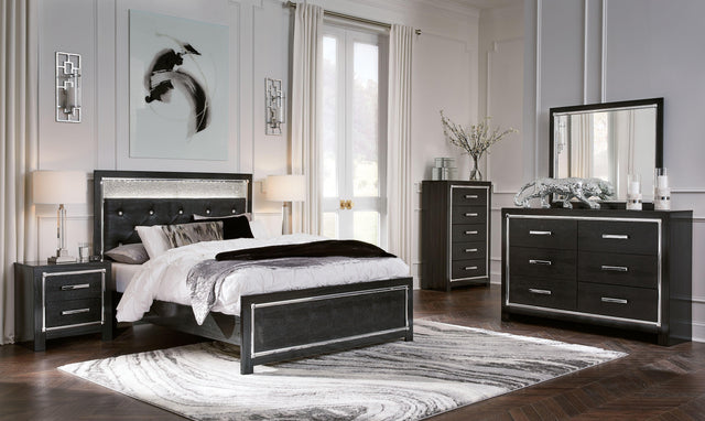 Ashley Kaydell - Black - 7 Pc. - Dresser, Mirror, Queen Upholstered Glitter Panel Bed, 2 Nightstands