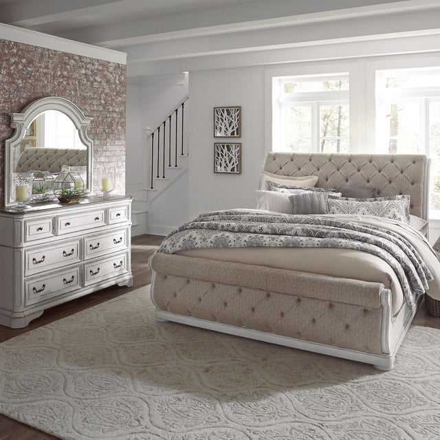 Liberty Furniture Magnolia Manor - 3 Piece Bedroom Set (California King Upholstered Sleigh Bed, Dresser & Mirror) - White