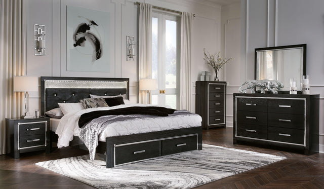 Ashley Kaydell - Black - 7 Pc. - Dresser, Mirror, King Upholstered Glitter Panel Storage Bed, 2 Nightstands