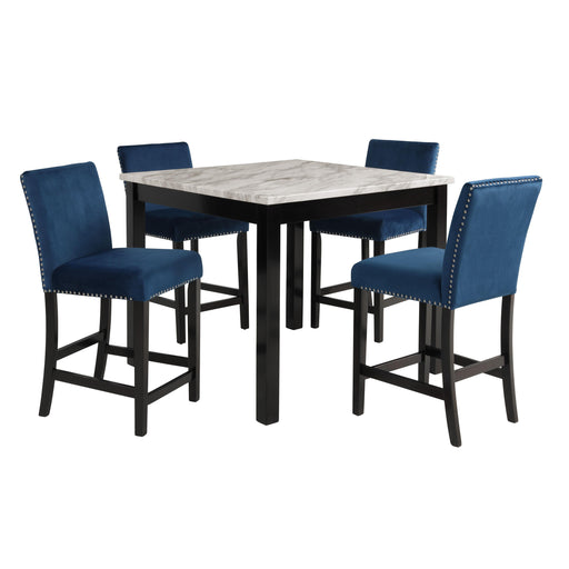 New Classic Furniture Celeste - 5 Piece Marble Finish Counter Dining Set (Table & 4 Chairs) - Blue