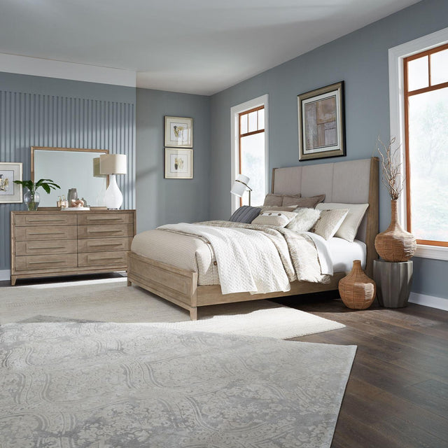 Liberty Furniture Brentwood - 3 Piece Bedroom Set (King Upholstered Bed, Dresser & Mirror) - Sandstone