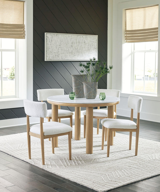 Ashley Sawdyn - White / Light Brown - 5 Pc. - Round Dining Room Table, 4 Side Chairs