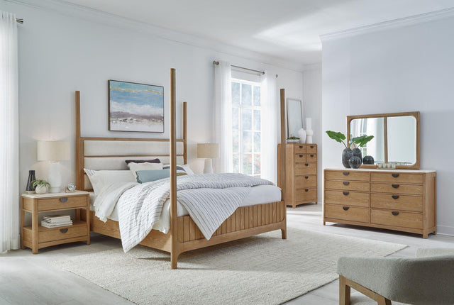 Parker House Escape - Bedroom King Poster Bed 2 Nightstands Dresser With Mirror And Chest - Glazed Natural Oak