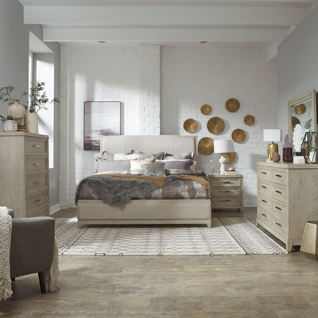 Liberty Furniture Belmar - 5 Piece Bedroom Set (Queen Upholstered Bed, Dresser & Mirror, Chest, Nightstand) - Washed Taupe