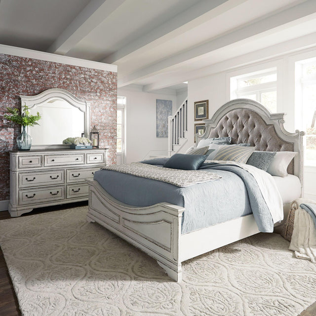 Liberty Furniture Magnolia Manor - 3 Piece Bedroom Set (Queen Upholstered Bed Wooden Footboard, Dresser & Mirror) - White