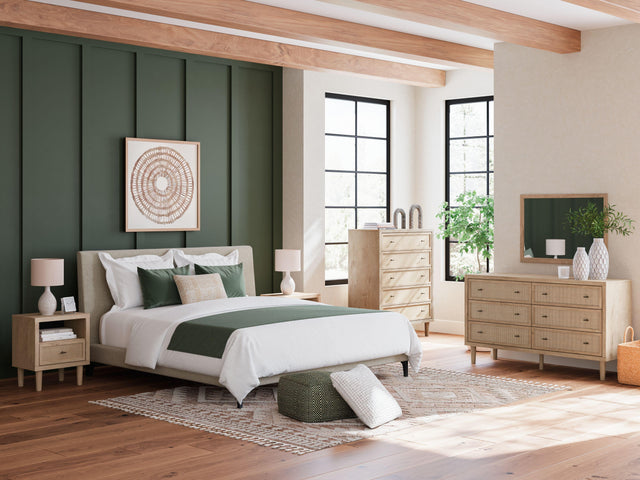 Ashley Cielden - Soft Gray / Beige - 4 Pc. - Dresser, Mirror, Chest, California King Upholstered Bed With Roll Slats