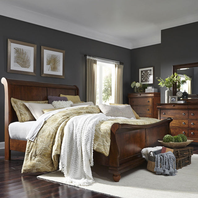 Liberty Furniture Rustic Traditions - 4 Piece Bedroom Set (Queen Sleigh Bed, Dresser & Mirror, Chest) - Dark Brown