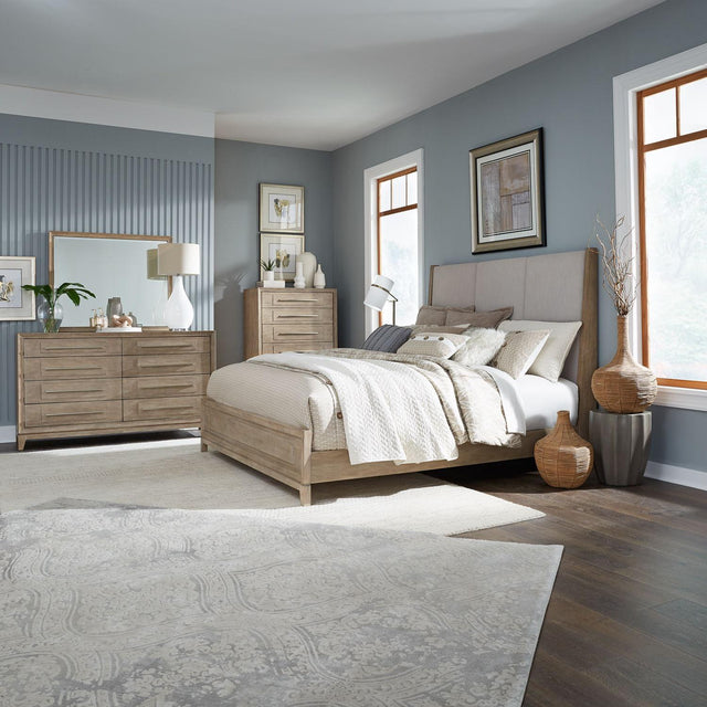 Liberty Furniture Brentwood - 4 Piece Bedroom Set (King Upholstered Bed, Dresser & Mirror, Chest) - Sandstone