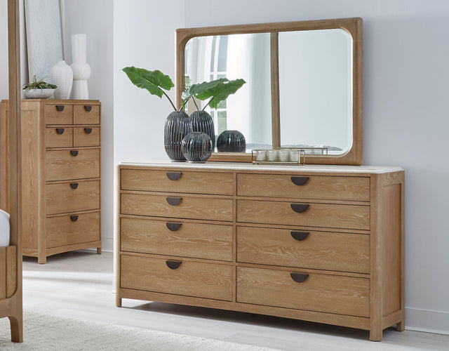 Parker House Escape - Bedroom 8 Drawer Dresser And Mirror - Glazed Natural Oak