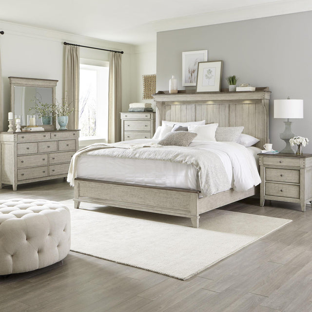 Liberty Furniture Ivy Hollow - 5 Piece Bedroom Set (King Mantle Bed, Dresser & Mirror, Chest, Nightstand) - White