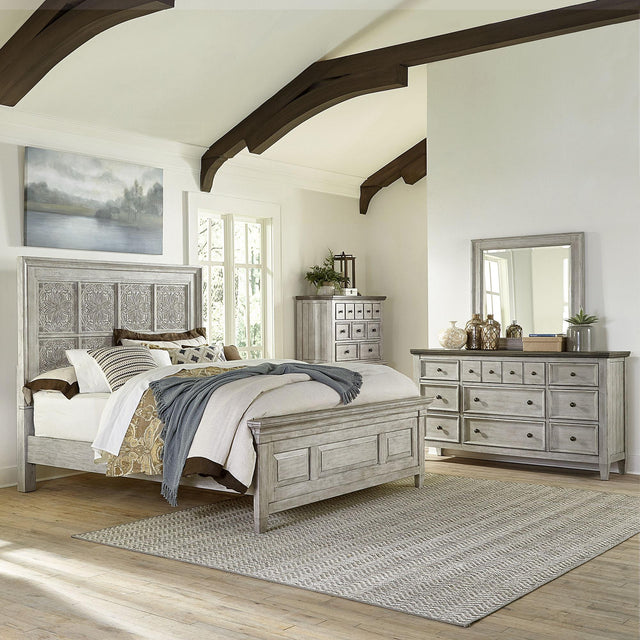 Liberty Furniture Heartland - 4 Piece Bedroom Set (King Panel Bed, Dresser & Mirror, Chest) - Aged White