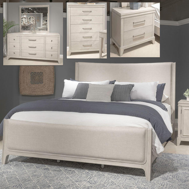 Liberty Furniture New Haven - 5 Piece Bedroom Set (California King Upholstered Bed, Dresser & Mirror, Chest, Night Stand) - White