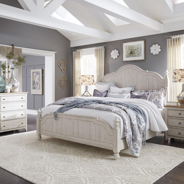 Liberty Furniture Farmhouse Reimagined - 4 Piece Bedroom Set (King Poster Bed, Dresser & Mirror, Nightstand) - White