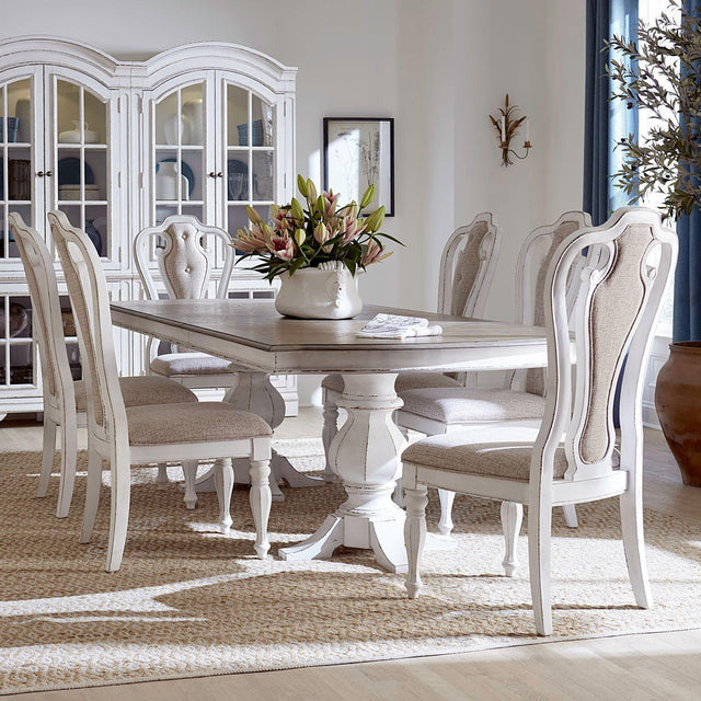 Liberty Furniture Magnolia Manor - 7 Piece Double Pedestal Table Set (Splat Back Upholstered Side Chairs) - White
