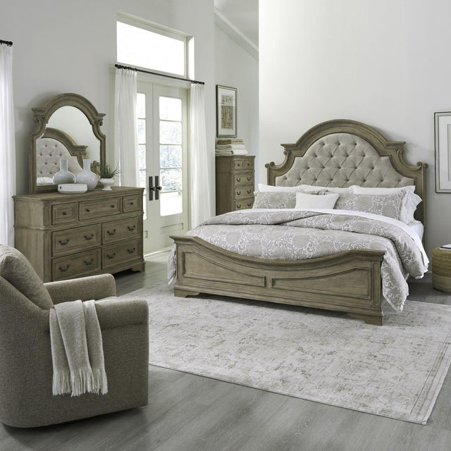 Liberty Furniture Magnolia Manor - 4 Piece Bedroom Set (Queen Upholstered Bed, Dresser & Mirror, Chest) - Light Brown