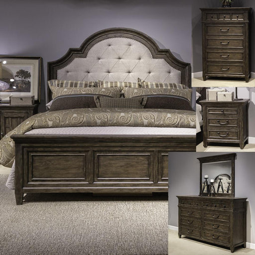 Liberty Furniture Paradise Valley - King Upholstered Bed, Dresser & Mirror, Chest, Night Stand - Dark Brown