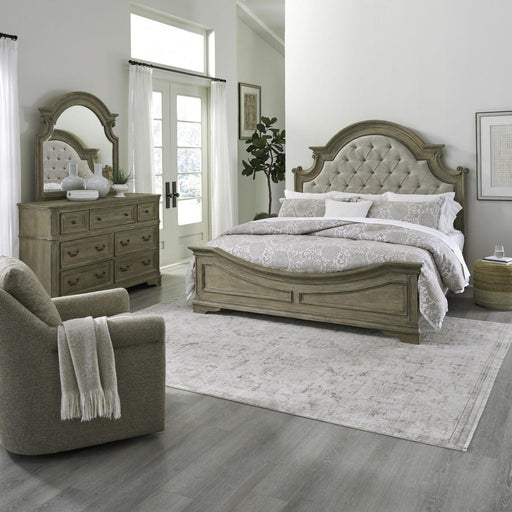 Liberty Furniture Magnolia Manor - King Upholstered Bed, Dresser & Mirror - Light Brown