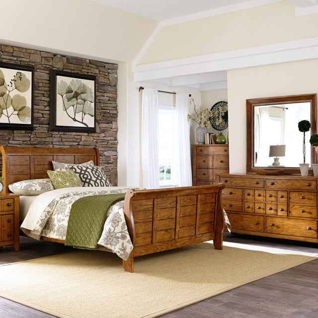 Liberty Grandpas Cabin Queen Sleigh Bed, Dresser & Mirror - Medium Brown