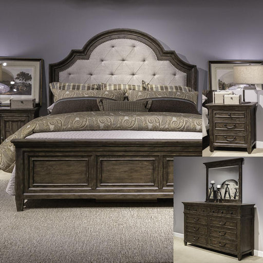Liberty Furniture Paradise Valley - Queen Upholstered Bed, Dresser & Mirror, Night Stand - Dark Brown