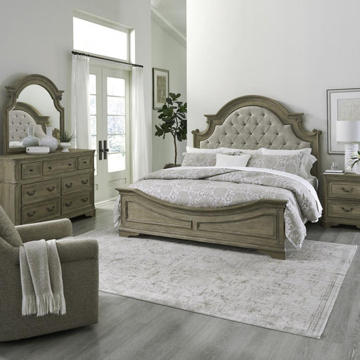 Liberty Furniture Magnolia Manor - Queen Upholstered Bed, Dresser & Mirror, Night Stand - Light Brown
