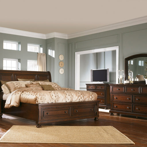 Ashley Porter - Rustic Brown - 8 Pc. - Dresser, Mirror, Media Chest, California King Sleigh Bed With 2 Storage Drawers, 2 Nightstands