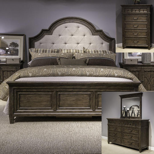Liberty Furniture Paradise Valley - Queen Upholstered Bed, Dresser & Mirror, Chest - Dark Brown