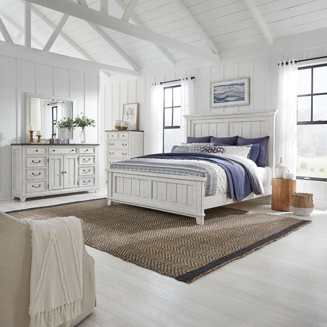 Liberty Furniture River Place - King Panel Bed, Dresser & Mirror, Chest - White