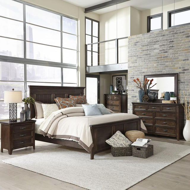 Liberty Saddlebrook King Panel Bed, Dresser & Mirror, Chest, Night Stand - Dark Brown