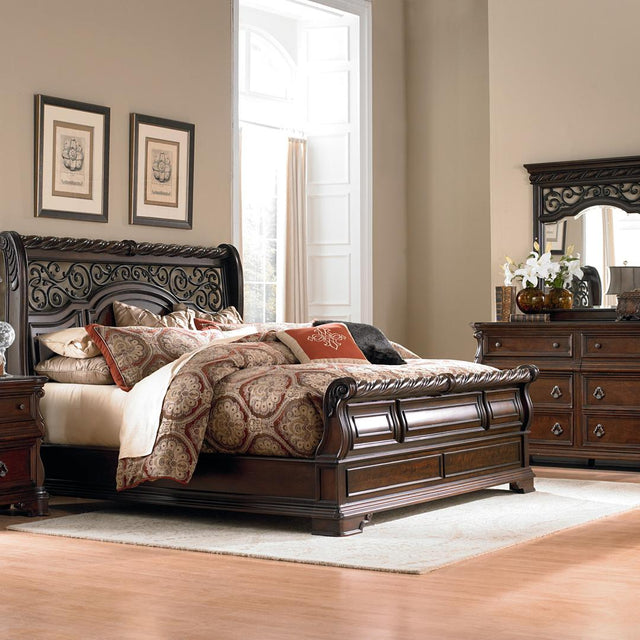 Liberty Arbor Place King California Sleigh Bed, Dresser & Mirror, Chest - Dark Brown