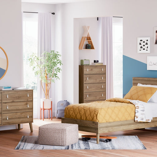Ashley Aprilyn - Light Brown - 6 Pc. - Dresser, Chest, Twin Bookcase Bed, 2 Nightstands