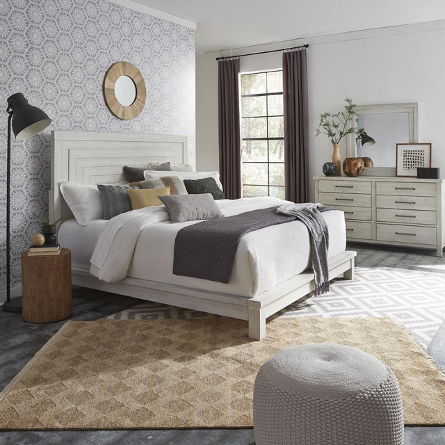 Liberty Modern Farmhouse Queen Platform Bed, Dresser & Mirror - White