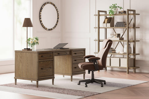 Ashley Roanhowe - Brown - 3 Pc. - Home Office Desk, Bookcase, Swivel Desk Chair