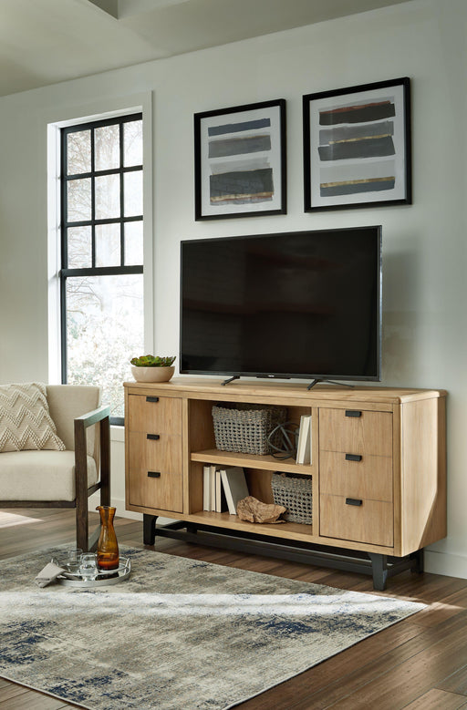 Ashley Freslowe - Light Brown / Black - TV Stand With Electric Infrared Fireplace Insert
