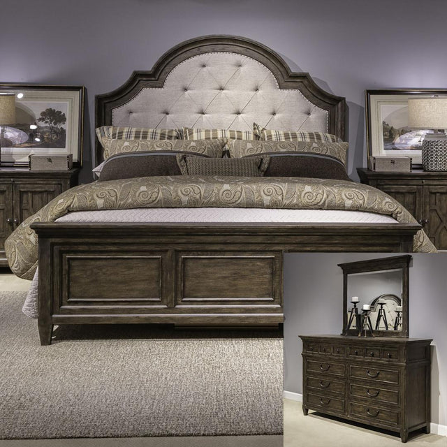 Liberty Furniture Paradise Valley - King Upholstered Bed, Dresser & Mirror - Dark Brown