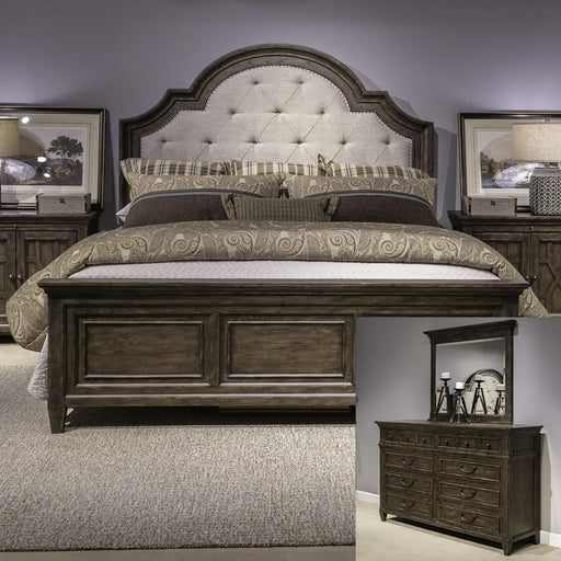 Liberty Furniture Paradise Valley - Queen Upholstered Bed, Dresser & Mirror - Dark Brown